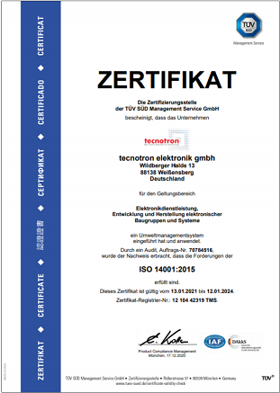 Tecnotron Zertifizierung ISO 14001 2